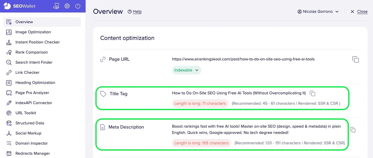 Title Tags and Meta Description using the SEOWallet Chrome Extension